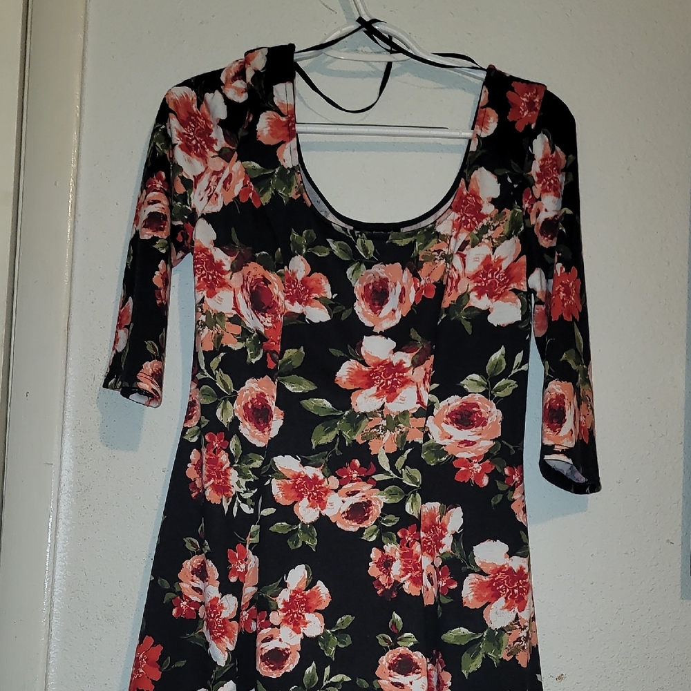 City Triangles Black and Pink Fit and Flare Dress with 3/4 Sleeves